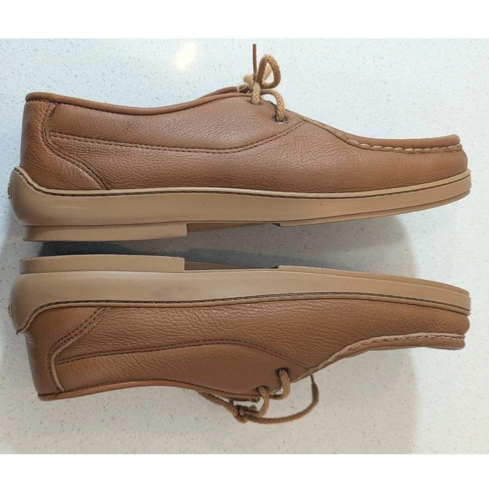 Minnetonka Moccasin Leather Boat‎ Shoes Mens 13 Tan VTG Pebbled Lace Up